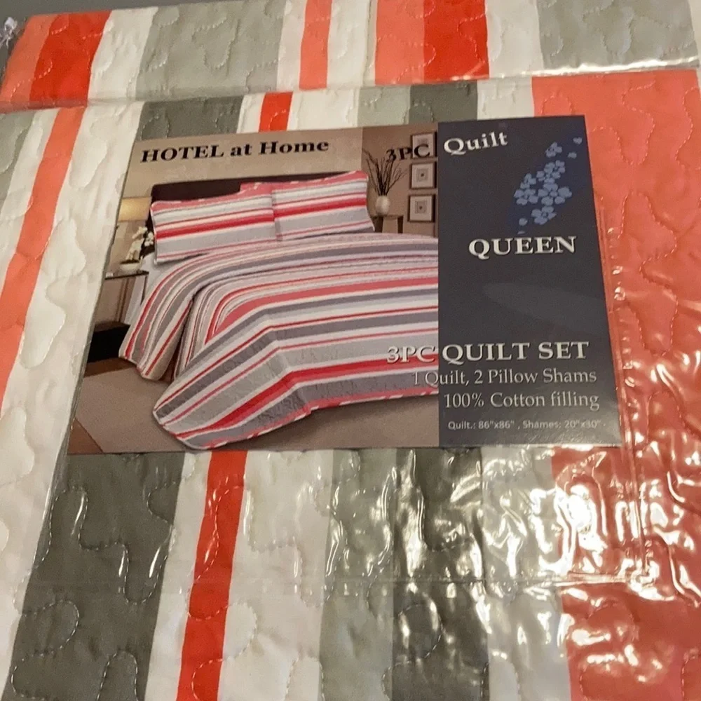 Hotel at home 3pc Quilt set Queen Stripes shades of orange